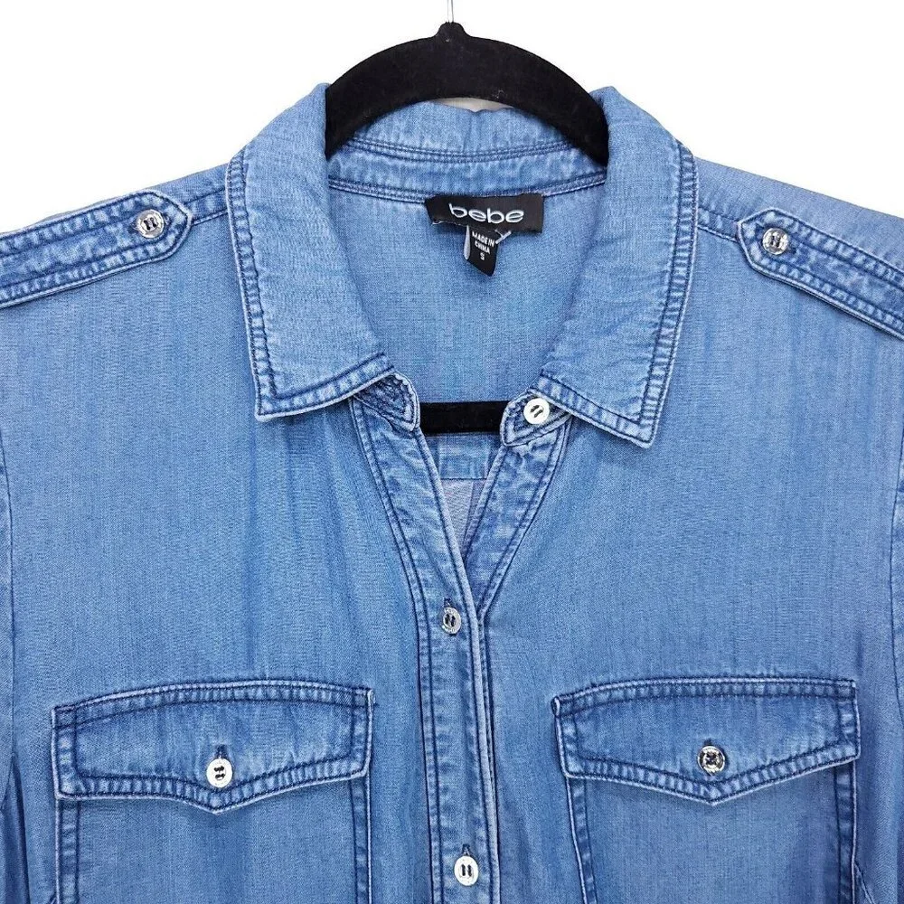 Bebe Denim Shirt Dress Belted Sheath Small Button Up Pockets Long Roll Sleeve - Picture 4 of 12